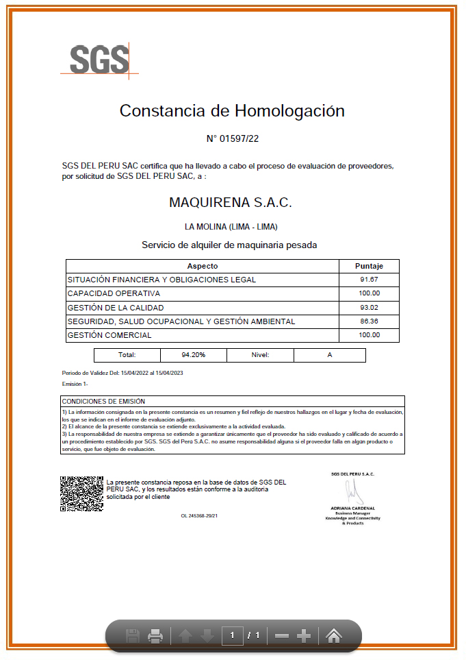 certificacion homologacion alquiler maquinaria pesada sgs maquirena